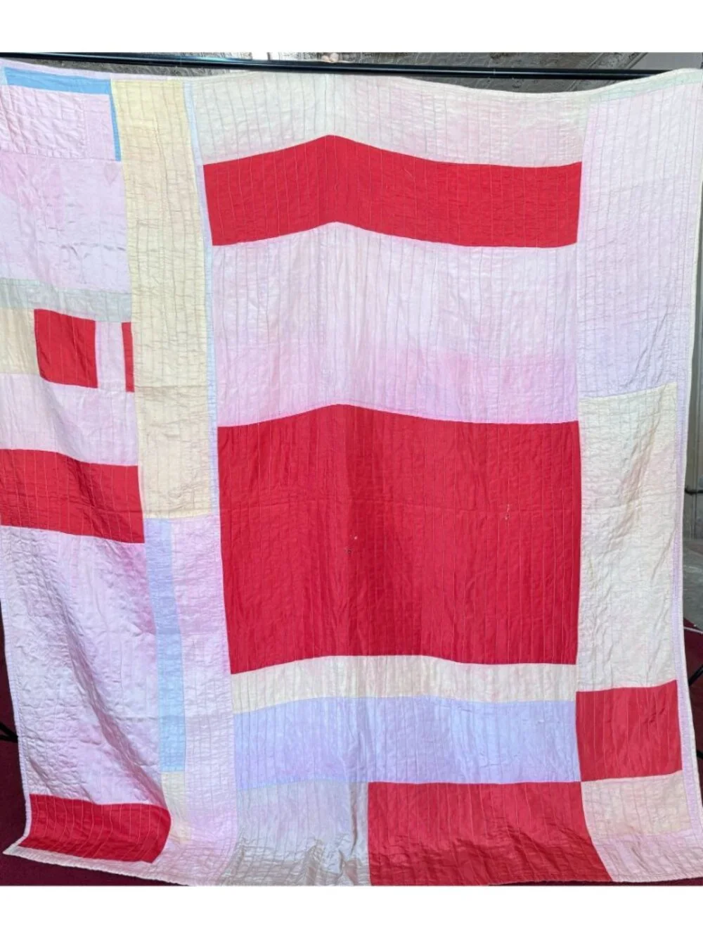 Vintage 1960s Strip Scrap 2-Sided Quilt Treadle Sewing Machine Quilted 80x72